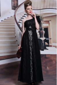 One Shoulder Sleeveless Evening Dress Floor Length Lace and Sequins Black Lace