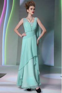 Turquoise Sleeveless Floor Length Sequins and Ruching Side Zipper Dress for Prom