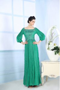 Fitting 3 4 Length Sleeve Floor Length Beading and Appliques and Ruching Zipper Prom Evening Gown with Green