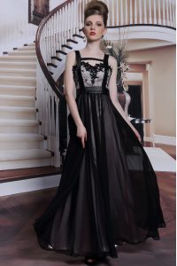 Straps Sleeveless Prom Party Dress Floor Length Embroidery Black Chiffon