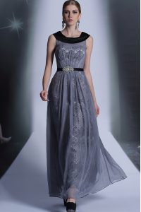 Grey Tulle Side Zipper Scoop Sleeveless Floor Length Dress for Prom Belt