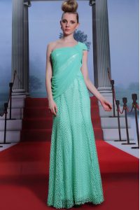 Shining One Shoulder Turquoise Side Zipper Prom Gown Ruching Sleeveless Floor Length