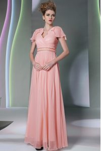 Pink Cap Sleeves Chiffon Side Zipper Prom Dresses for Prom and Party