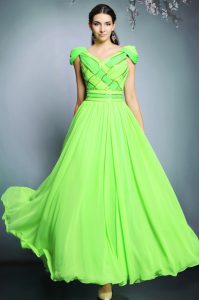 Traditional V-neck Backless Pattern Prom Evening Gown Short Sleeves
