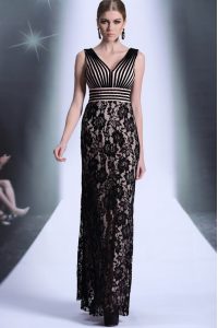 Black Empire V-neck Sleeveless Chiffon and Lace Floor Length Zipper Lace and Belt Prom Dresses