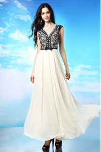 Glorious White And Black V-neck Side Zipper Appliques and Bowknot Prom Dresses Cap Sleeves