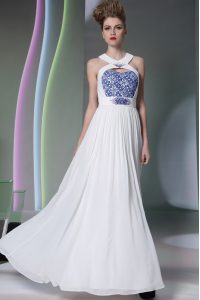 Ideal White Empire Chiffon Halter Top Sleeveless Beading and Embroidery Floor Length Zipper Prom Gown