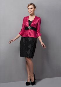 Brand New Short Taffeta Mother of The Bride Dress in Red and Black with Sash