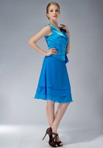 Sky Blue V-neck Tony Ruching Mothers Dresses for Weddings in Chiffon