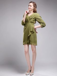 Turn Head Sheath V-neck Mini-length Chiffon Mother Dress in Olive Green