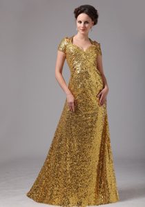 Breathtaking Gold Paillette Over Skirt V-neck Cap Sleeves Mother Dresses