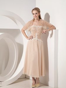 Sophisticated Champagne Strapless Tea-length Mother Dress for Weddings