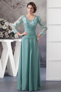 Romantic Turquoise V-neck Mother of the Groom Dress with Long Sleeve