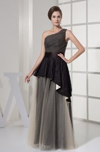 Ruche Single Shoulder Mother Dress with Ribbon in Champagne and Black