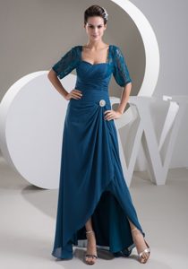 Noble Half-sleeves Ruched Teal Mothers Dresses with Asymmetrical Hem