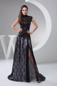 High-neck Beaded Black Lace Mother of the Bride Dress with and Slit
