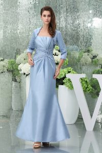 Light Blue Beaded and Ruched Ankle-length Wedding Outfits for Brides Mother