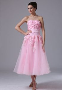 Strapless Tea-length Tulle Prom Holiday Dresses with Appliques in Light Pink