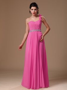 Rose Pink One Shoulder Prom Gowns with Beaded Sash and Handle Flowers