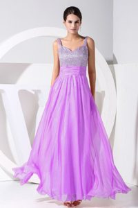 Beading Ankle-length Purple Prom Attire with Straps in Chiffon on Promotion