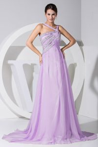 Cool Neckline Chiffon Dress for Prom Court in Lilac with Beads and Ruches