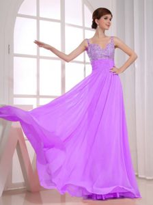Straps Long Lavender Prom Attire with Beadings in Chiffon for Spring