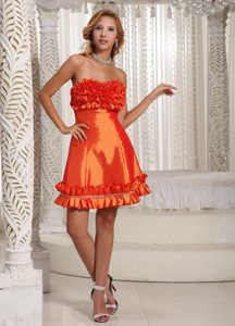 Custom Made Orange Red Junior Prom with Ruffles in Elastic Woven Satin