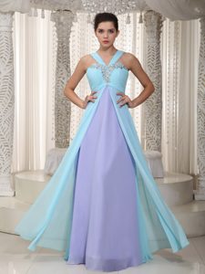 Bottom Price V-neck Beaded Senior Prom with Ruches in Aqua Blue and Lilac