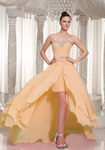 Custom Made High-low Chiffon Prom Dress for Girls with Beadings in Yellow