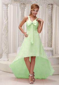 Baby Green High-low Ruched Chiffon Prom Dress with Straps and Bowknot