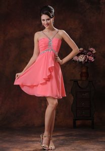V-neck Short Prom Theme Dresses in Watermelon with Ruches and Beadings