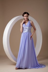 Empire V-neck Chiffon Prom Dress for Girls in Lilac with Beads and Ruches