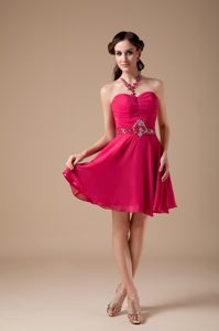 Pretty Hot Pink Sweetheart Chiffon Prom Dress with Beadings in Mini-length