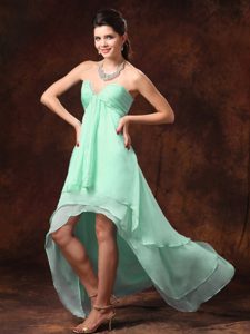 Discount Strapless High-low Chiffon Senior Prom with Ruches in Apple Green