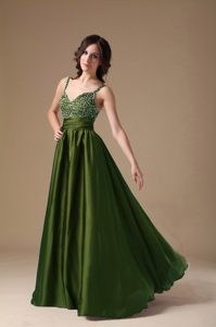 Beauty Beading Taffeta Dress for Prom in Olive Green with Spaghetti Straps