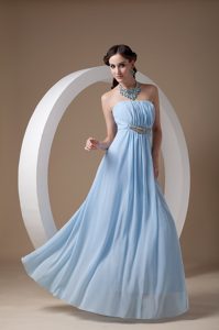 Light Blue Ruching Strapless Prom Dress with Beadings in Chiffon for Spring