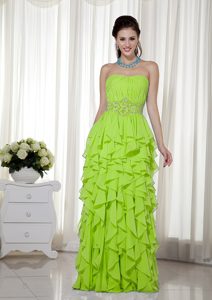 Beautiful Beading Chiffon Prom Theme Dresses with Ruffles in Yellow Green