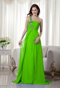 Chiffon One Shoulder Spring Green Senior Prom with Ruches and Appliques