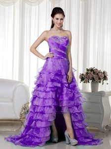Purple Sweetheart High-low Girls Prom Dress with Ruffled Layers and Beads
