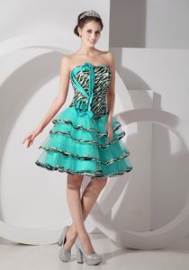 Pretty Turquoise Strapless Prom Dress with Ruffled Layers and Zebra