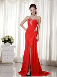 Red Column Sweetheart Chiffon Beaded Prom Dress with and High Slit