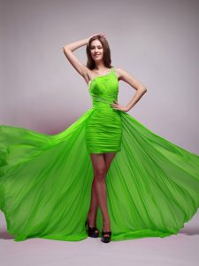 Discount Green High Low One Shoulder Chiffon Beaded Prom Evening Dresses