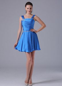 Blue Straps Ruched Prom Cocktail Dress with Beading on Wholesale Price