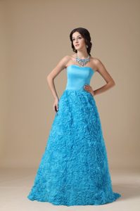 Special Blue Strapless Prom Dress with Rolling Flower on Wholesale Price