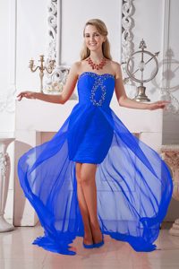 Pretty Blue Column Strapless Beaded High-low Chiffon Prom Homecoming Dress