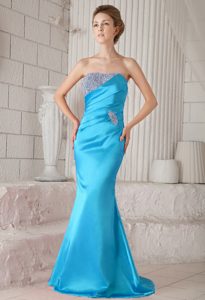 Pretty 2014 Blue Mermaid Strapless Beaded Prom Pageant Dress with