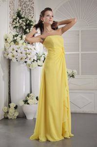Yellow Empire Strapless Chiffon Prom Graduation Dress with Hand Made Flowers