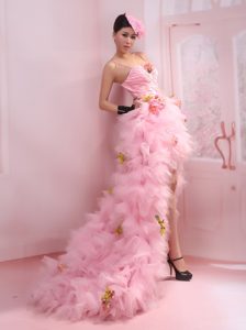 Luxurious Pink High-low Tulle Empire Prom Dress with Spaghetti Straps for Cheap
