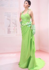 2013 Beaded Spring Green Chiffon Halter Top Empire Prom Dress with Brush Train