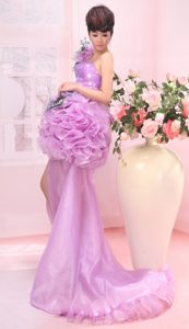 Hot One Shoulder High Slit Lavender Organza Prom Dress with Hand Made Flower